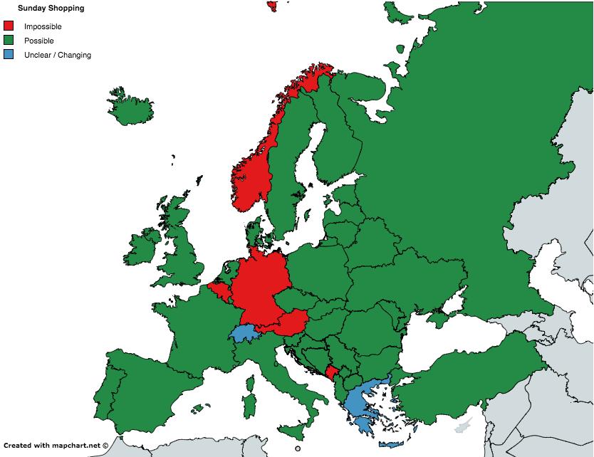 Η κατάσταση στην ΕΕ Στην πλειονότητα των χωρών της ΕΕ όλα τα καταστήματα (μικρά και μεγάλα) επιτρέπεται να ανοίγουν κάποιες ώρες της Κυριακής, όπως αποτυπώνεται στον πίνακα Το 2015, περισσότεροι από