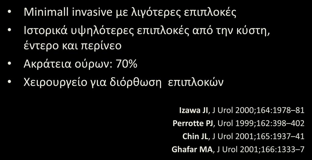 Τοπική υποτροπή μετά από RT: Minimall invasive με λιγότερες επιπλοκές Ιστορικά υψηλότερες επιπλοκές από την κύστη, έντερο και περίνεο Ακράτεια ούρων: 70% Ριζική