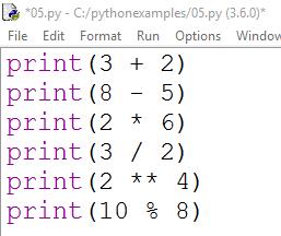 Αριθμητικοί Τελεστές Τελεστής Πράξη Παράδειγμα + Πρόσθεση print(3 + 2) - Αφαίρεση print(8-5) * Γινόμενο print(2 * 6) / Διαίρεση print(3 / 2) ** Ύψωση σε δύναμη