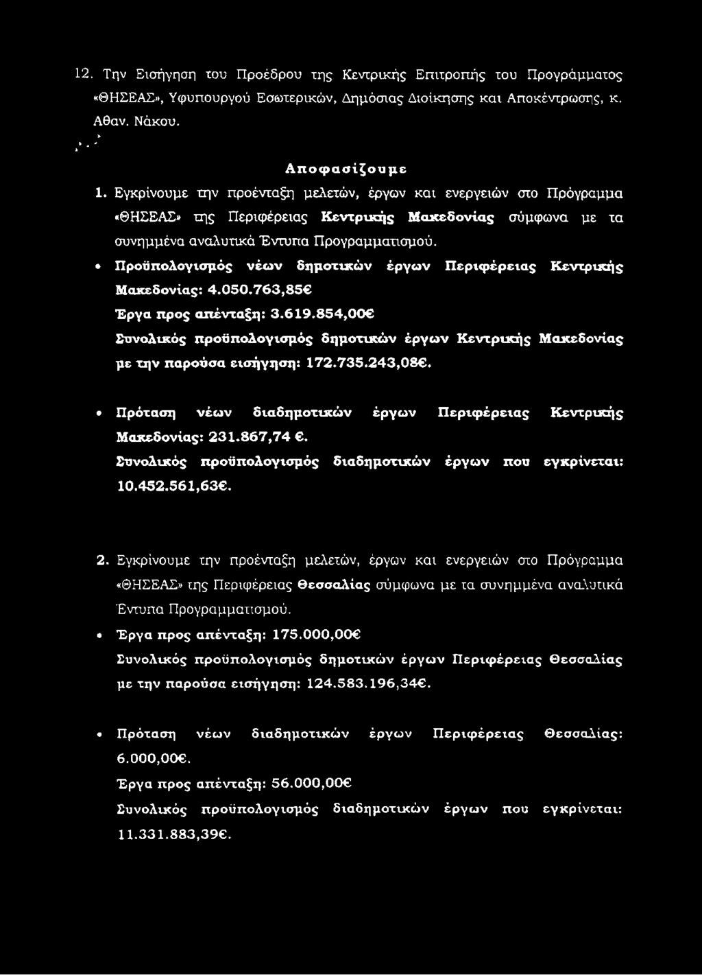 Π ροϋπολογισμός νέω ν δημοτικώ ν έργω ν Π ερ ιφ έρ εια ς Κ εντρικής Μ ακεδονίας: 4.0 5 0.7 6 3,85 Έργα προς απένταξη: 3.6 1 9.