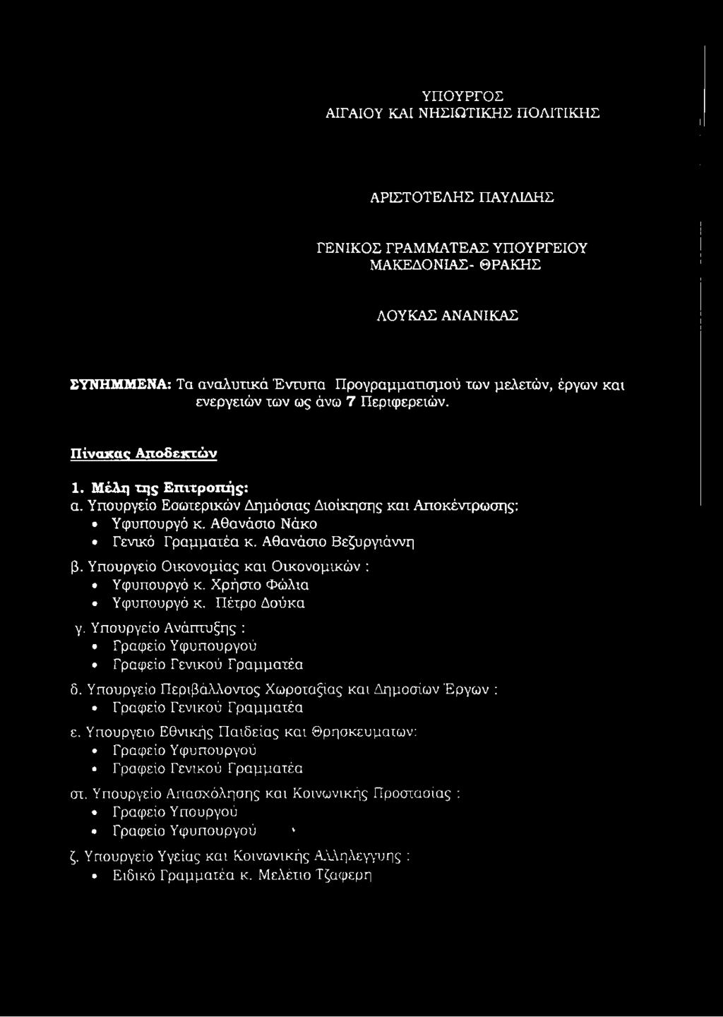 Αθανάσιο Βεζυργιάννη β. Υπουργείο Οικονομίας και Ο ικονομικών : Υφυπουργό κ. Χρήστο Φώλια Υφυπουργό κ. Πέτρο Δούκα γ. Υπουργείο Ανάπτυξης : Γραφείο Υ φυπουργού Γραφείο Γενικού Γραμματέα δ.