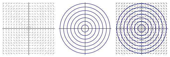In [29]: df = plot_slope_field(-x/y, (x,-1,1),(y,-1,1),aspect_ratio=1) vec_array = graphics_array([df,int_curv,int_curv+df]) vec_array.