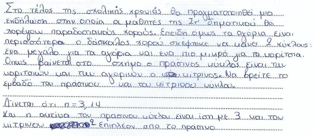 αναφέρεται ο κύκλος χορευτών, ο οποίος παραπέμπει σε περίμετρο κύκλου, όμως τελικά το ζητούμενο του προβλήματος είναι το εμβαδό κυκλικού δίσκου.