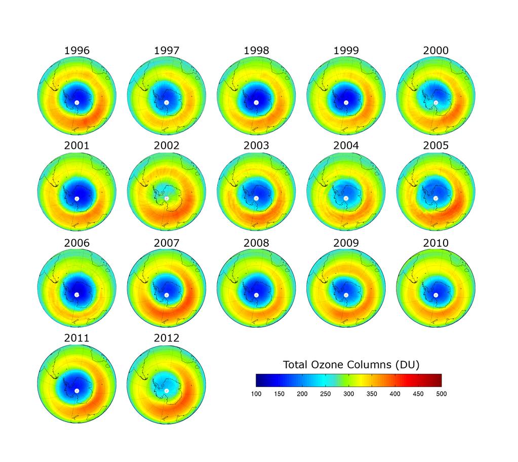 Τις επόμενες δεκαετίες του 1990, 2000 και αρχές του 2010, η καταστροφή του όζοντος ήταν περίπου σταθερή (Σχήμα 1.10).