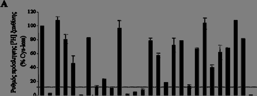 135 Εικόνα 3.24: Ενεργότητα πρόσληψης ξανθίνης των 26 single-cys διαπερασών Κύτταρα E.