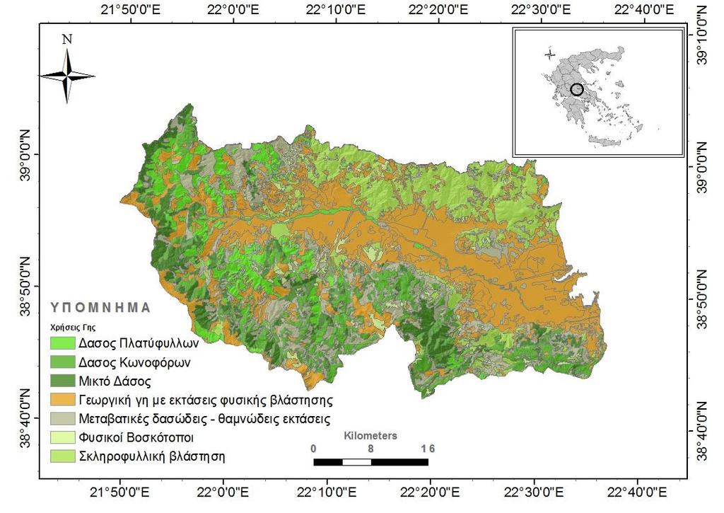 Εφαρμογή Το σχήμα παρουσιάζει έναν χάρτη με της χρήσεις γης σύμφωνα με το Corine 2000 για τη λεκάνη απορροής του