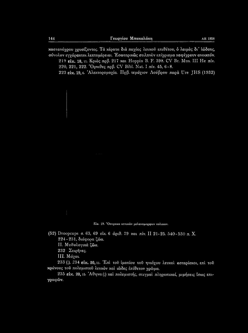 19. Οστρακα αττικών μελανόμορφων κυλικών. (52) Droopcups σ. 63, 69 είκ. 6 άριθ. 79 και πίν. II 21-25. 540-530 π. X. 224-231, διάφορα ζώα.