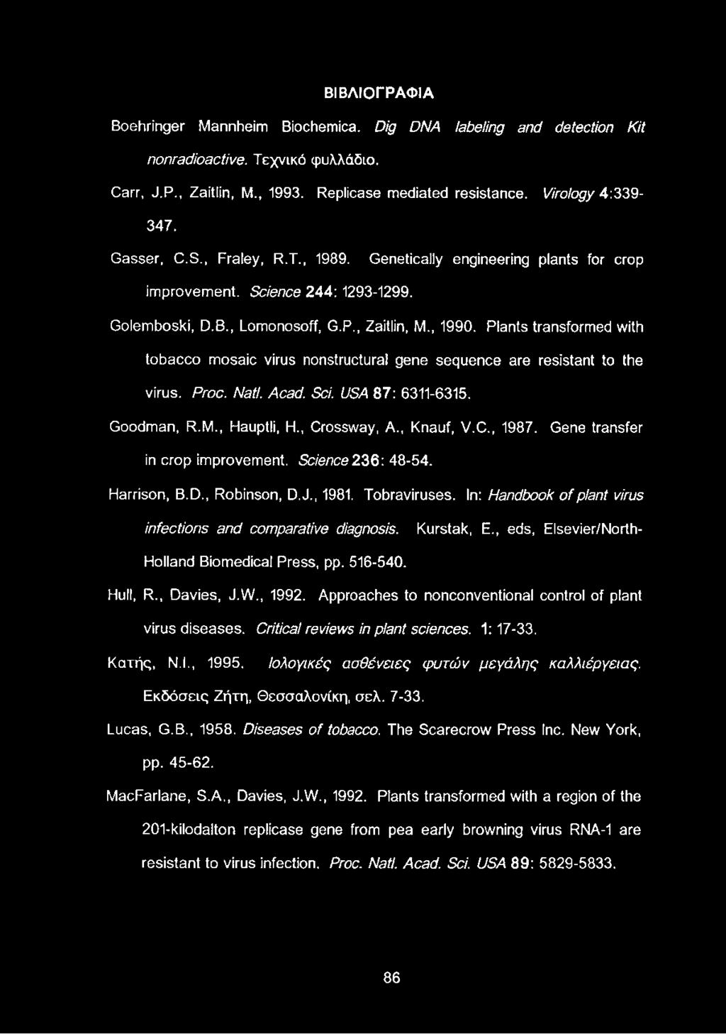 Plants transformed with tobacco mosaic virus nonstructural gene sequence are resistant to the virus. Proc. Natl. Acad. Sci. USA 87: 6311-6315. Goodman, R.M., Hauptli, H., Crossway, A., Knauf, V.C., 1987.