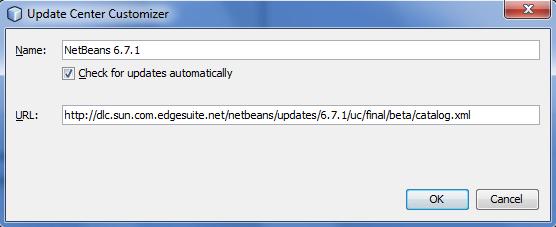 Εικόνα 7: Παράθυρο καθορισμού plugins - Συμπληρώνουμε τις ακόλουθες τιμές που ζητούνται από το αναδυόμενο παράθυρο Update Center Customizer: Name: NetBeans 6.7.1 URL:http://dlc.sun.com.