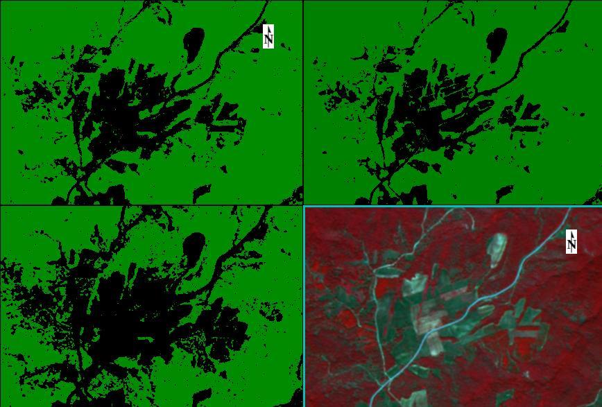OVERALL ACCURACY % Εικόνα 63: Τμήμα της ταξινομημένης εικόνας «Αύγουστος 2014» της περίπτωσης «Δάσος/ Μη Δάσος», με τους ταξινομητές SVM για n= 1500 (πάνω αριστερά), RF για n= 0 (πάνω δεξιά) και ΜL