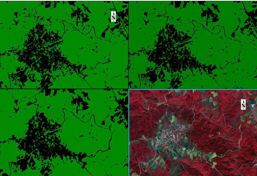 OVERALL ACCURACY % Εικόνα 67: Τμήμα της ταξινομημένης εικόνας «Οκτώβριος 2014» της περίπτωσης «Δάσος/ Μη Δάσος», με τους ταξινομητές SVM για n= 2000 (πάνω αριστερά), RF για n= 2000 (πάνω δεξιά) και