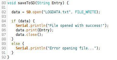 Εικόνα 30: Πηγαίος κώδικας πομπού - γραμμές 80 έως 92 Τέλος, στις γραμμές 80-92 γίνεται η δήλωση της συνάρτησης savetosd(); η οποία σε κάθε της κλήση αποθηκεύει τις μετρήσεις στην κάρτα μνήμης σε