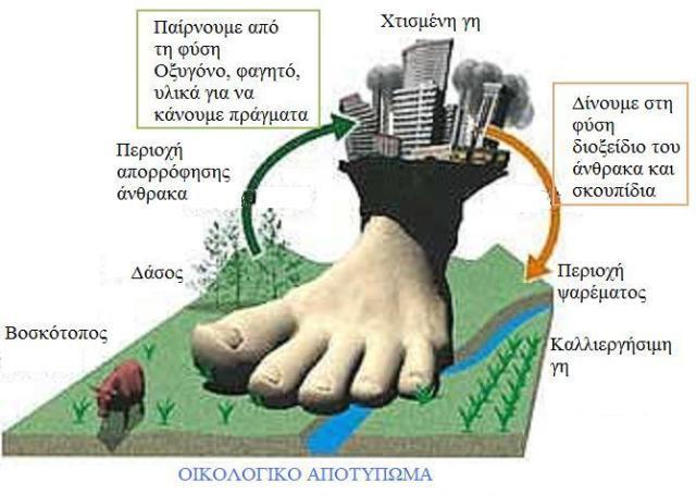 Οικολογικό Αποτύπωμα Μετριέται σε εκτάρια (1 εκτάριο = 10 στρέμματα) Αντιστοιχεί στις εκτάσεις που χρειάζονται (χερσαίες και θαλάσσιες) για να παραχθούν τα υλικά που είναι απαραίτητα