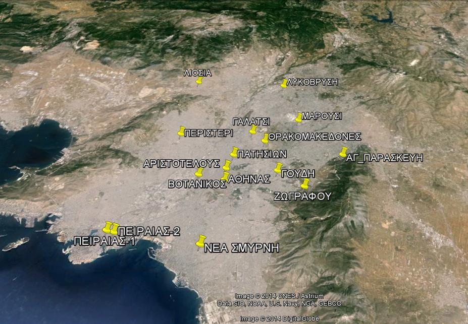 Λυκόβρυση Μαρούσι Νέα Σμύρνη Πατησίων Πειραιάς 1 Πειραιάς 2 Περιστέρι Οι μετρήσεις είναι ωριαίες για όλους τους ρύπους εκτός του καπνού και των αιωρούμενων σωματιδίων που δίνονται μόνο οι μέσες