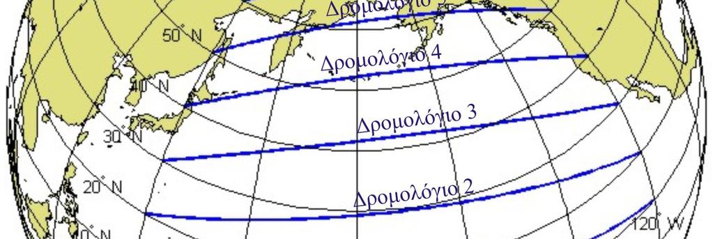 .1: Απεικόνιση των δρομολογίων αριθμητικών δοκιμών Hiraiwa στον Ειρηνικό Ωκεανό Τα αποτελέσματα των συγκριτικών αριθμητικών δοκιμών που προαναφέρθηκαν για τον υπολογισμό του μήκους του μέγιστου