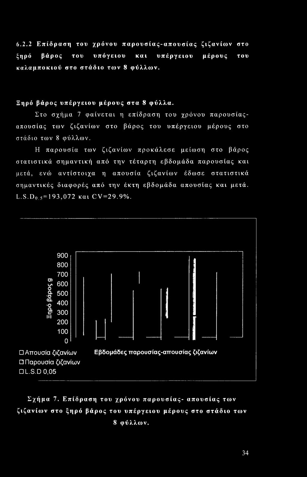 απουσία ζιζανίων έδωσε στατιστικά σημαντικές διαφορές από την έκτη εβδομάδα απουσίας και μετά. L.S.D0.5 = 193,072 και CV=29.9%.