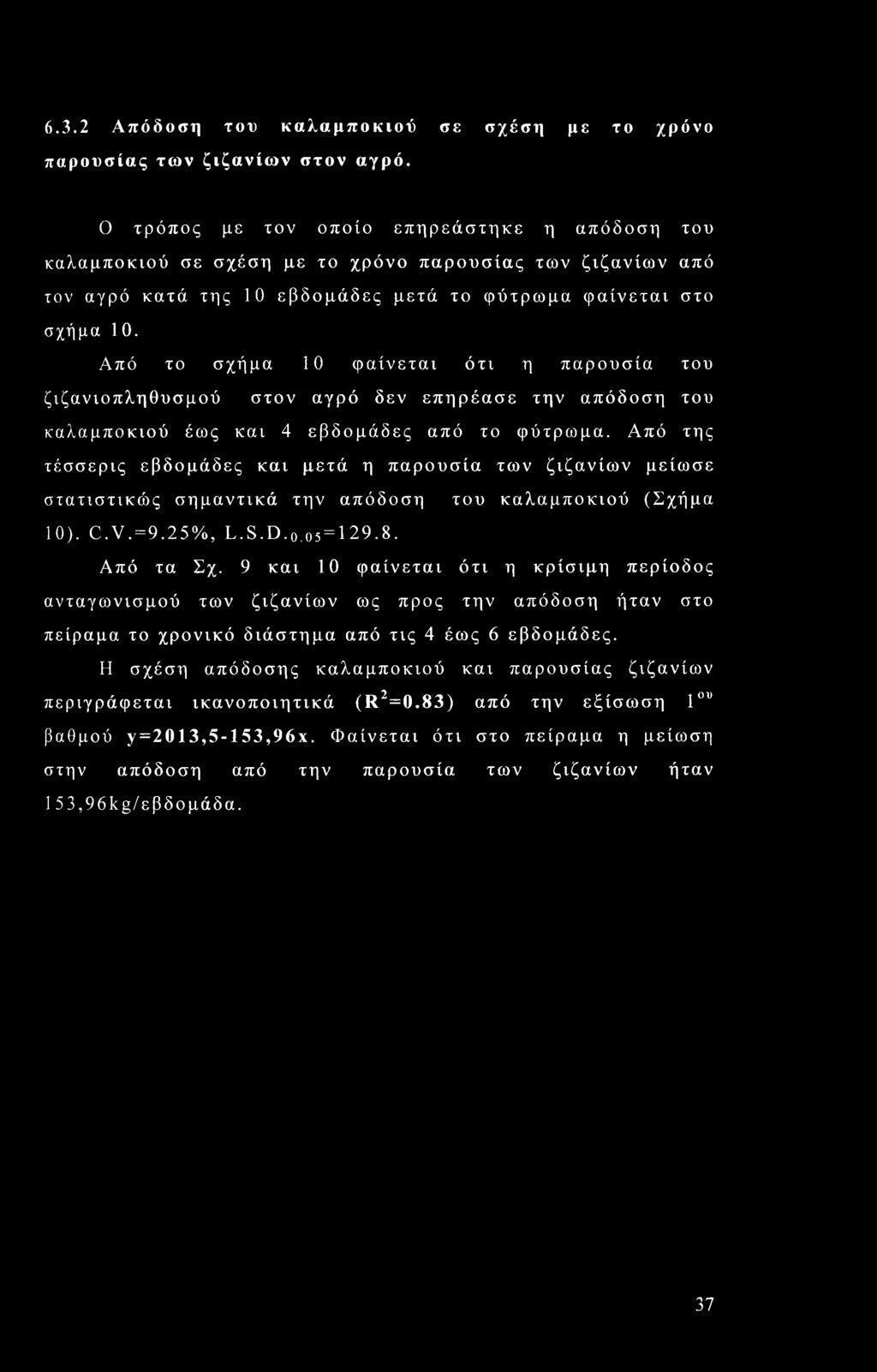 Από το σχήμα 10 φαίνεται ότι η παρουσία του ζιζανιοπληθυσμού στον αγρό δεν επηρέασε την απόδοση του καλαμποκιού έως και 4 εβδομάδες από το φύτρωμα.