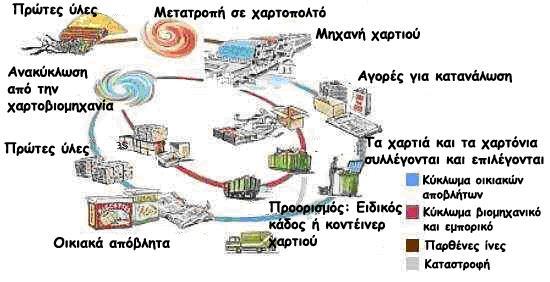 3.1.1 Σχηματική παράσταση της ανακύκλωσης χαρτιού [4] Χρησιμοποιημένα χαρτιά (τετράδια, βιβλία, χαρτόκουτες, τυπογραφικό χαρτί, εφημερίδες, περιοδικά) που αποτελούν την πρώτη ύλη, κόβονται με