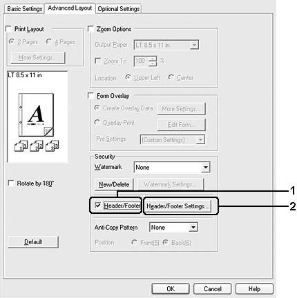 2. Επιλέξτε το πλαίσιο ελέγχου Header/Footer και κατόπιν επιλέξτε Header/Footer Settings. 3. Επιλέξτε τα στοιχεία από την αναπτυσσόμενη λίστα.