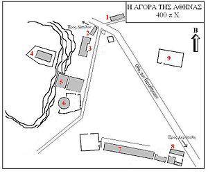 ΚΕΦΑΛΑΙΟ 2 Η ΠΕΡΙΟΧΗ ΜΕΛΕΤΗΣ Ναός του Ηφαίστου και τρεις στοές. Στον ακόλουθο χάρτη φαίνονται οι αλλαγές και τα σημαντικότερα κτήρια στον χώρο, κατά την Κλασική εποχή. Χάρτης 3: Η Αγορά το 400π.Χ. [17] 1.