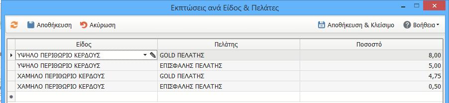 Σε αυτή τη μάσκα, ο χρήστης ανάλογα με τους συνδυασμούς που ορίζει, προτείνει το ποσό έκπτωσης που θέλει να γίνεται κατά