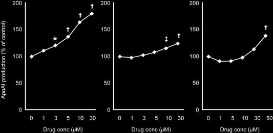 Effect of statins on ApoAI production Pitavastatin Atorvastatin Simvastatin Hep G2 cells were treated for 48h with various