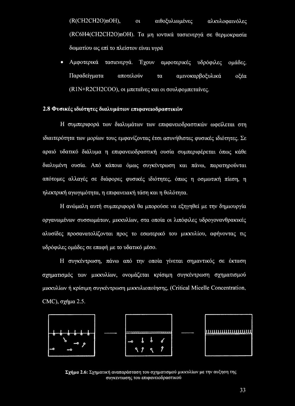 8 Φυσικές ιδιότητες διαλυμάτων επκρανειοδραστικών Η συμπεριφορά των διαλυμάτων των επκρανειοδραστικών ωφείλεται στη ιδιαιτερότητα των μορίων τους εμφανίζοντας έτσι ασυνήθιστες φυσικές ιδιότητες.