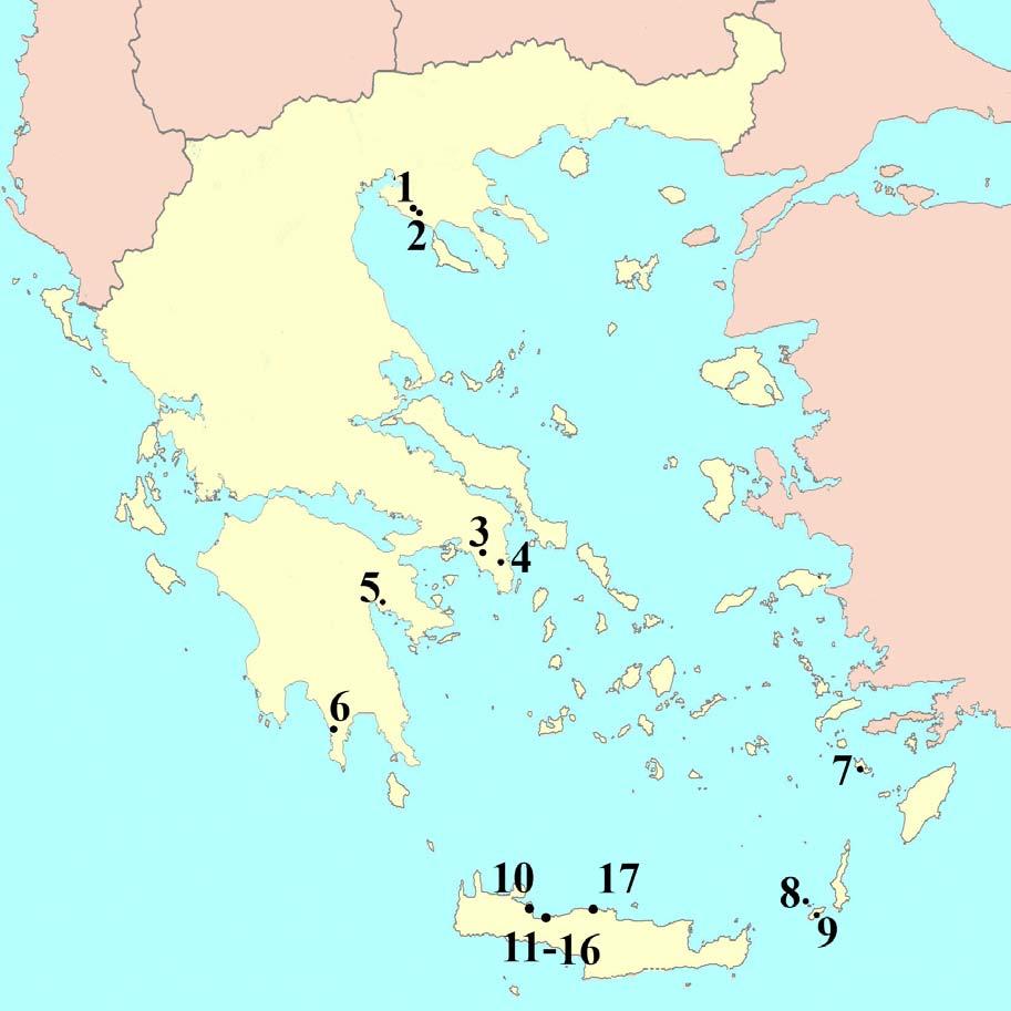 Εικόνα 1.2. Χάρτης της Ελλάδας με σημειωμένες τις θέσεις ανεύρεσης παλαιοορνιθολογικού υλικού του Πλειστοκαίνου.