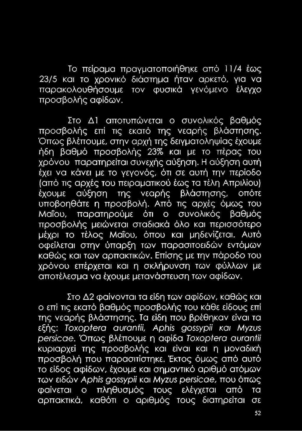 Όπως βλέπουμε, στην αρχή της δειγματοληψίας έχουμε ήδη βαθμό προσβολής 23% και με το πέρας του χρόνου παρατηρείται συνεχής αύξηση.