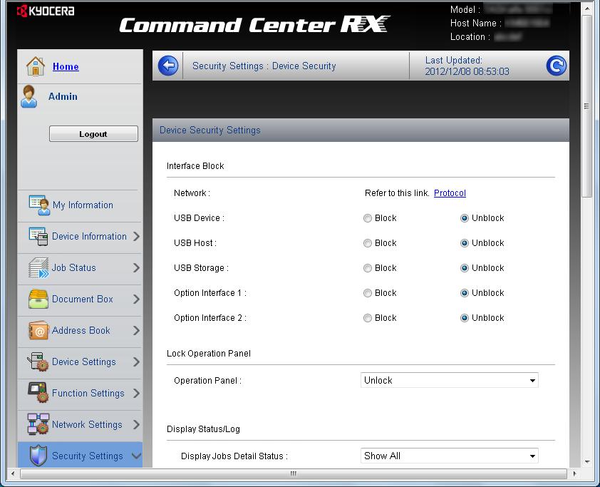 Προετοιμασία πριν από τη χρήση > Command Center RX Αλλαγή ρυθμίσεων ασφαλείας Η παρούσα ενότητα περιγράφει τον τρόπο αλλαγής των ρυθμίσεων ασφαλείας. Εμφανίστε την οθόνη.
