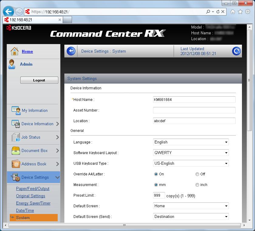 Προετοιμασία πριν από τη χρήση > Command Center RX Αλλαγή των στοιχείων της συσκευής Αλλάξτε τα στοιχεία συσκευής στο μηχάνημα. Εμφανίστε την οθόνη.