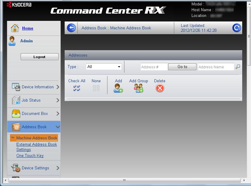 Προετοιμασία πριν από τη χρήση > Command Center RX Καταχώρηση προορισμών Μπορείτε να καταχωρήσετε προορισμούς στο Address Book (Βιβλίο διευθύνσεων) του μηχανήματος από το Command Center RX.