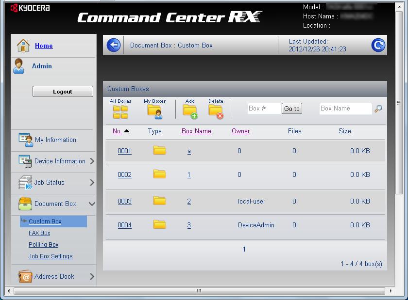 Προετοιμασία πριν από τη χρήση > Command Center RX Εκτύπωση εγγράφου αποθηκευμένου σε προσαρμοσμένη θυρίδα Ένα έγγραφο αποθηκευμένο σε προσαρμοσμένη θυρίδα μπορεί να εκτυπωθεί από το Command Center