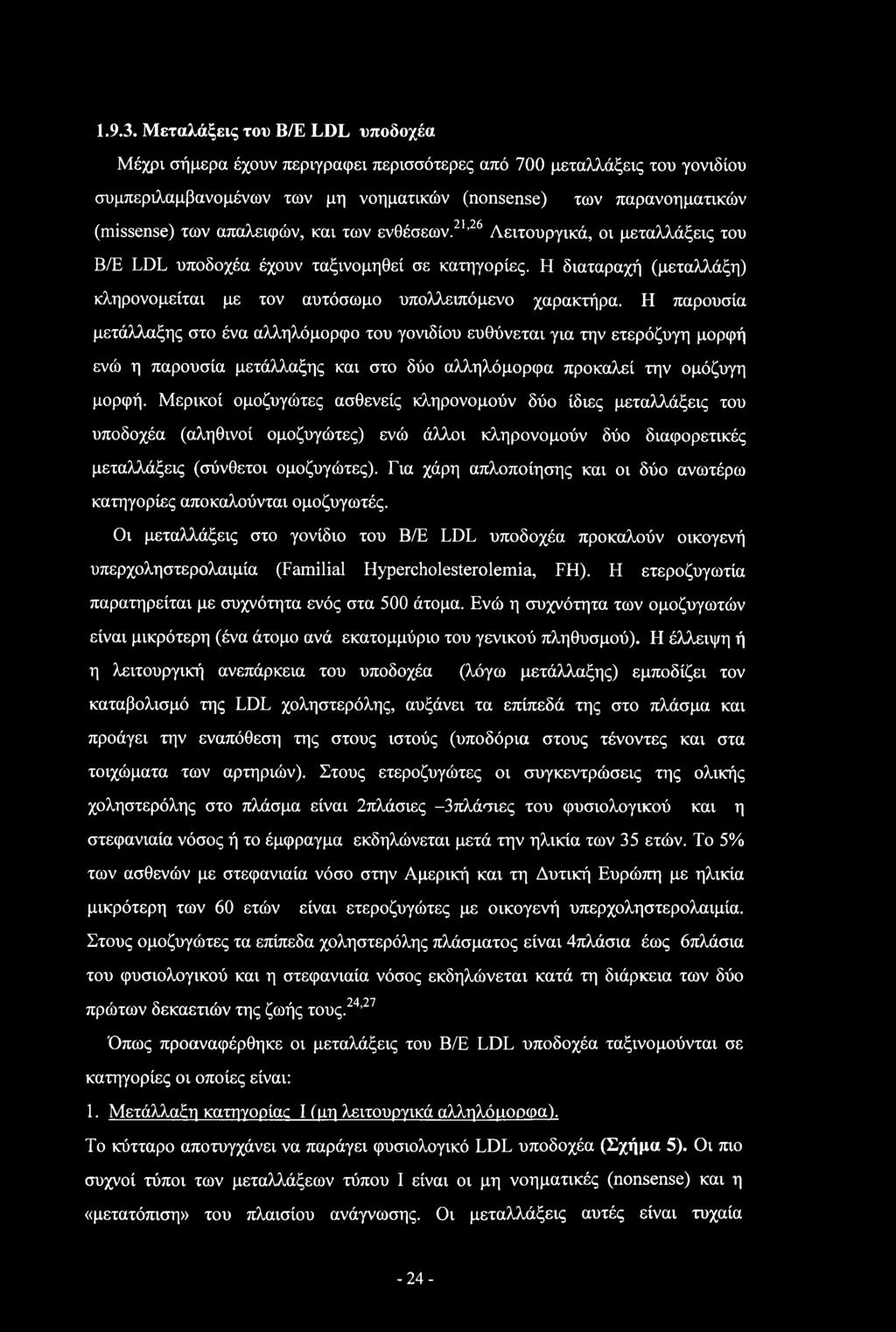 απαλειφών, και των ενθέσεων.21,26 Λειτουργικά, οι μεταλλάξεις του Β/Ε LDL υποδοχέα έχουν ταξινομηθεί σε κατηγορίες. Η διαταραχή (μεταλλάξη) κληρονομείται με τον αυτόσωμο υπολλειπόμενο χαρακτήρα.