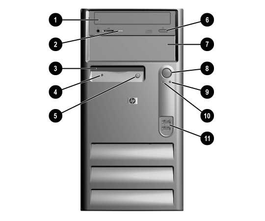 µ 4: µ µ 1 Μονάδα CD-ROM 7 Θέση επέκτασης 5 1/4 ιντσών 2 Φωτεινή ένδειξη δραστηριότητας µονάδας CD-ROM 8 Κουµπί λειτουργίας δύο καταστάσεων 3 Μονάδα δισκέτας 9 Φωτεινή ένδειξη