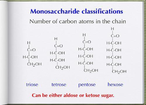 Κατηγοριοποίηση Μονοσακχαριτών Αριθμός ατόμων άνθρακα στην αλυσίδα Οι υδατάνθρακες περιέχουν ασύμμετρα άτομα άνθρακα (τα τέσσερα σθένη του είναι