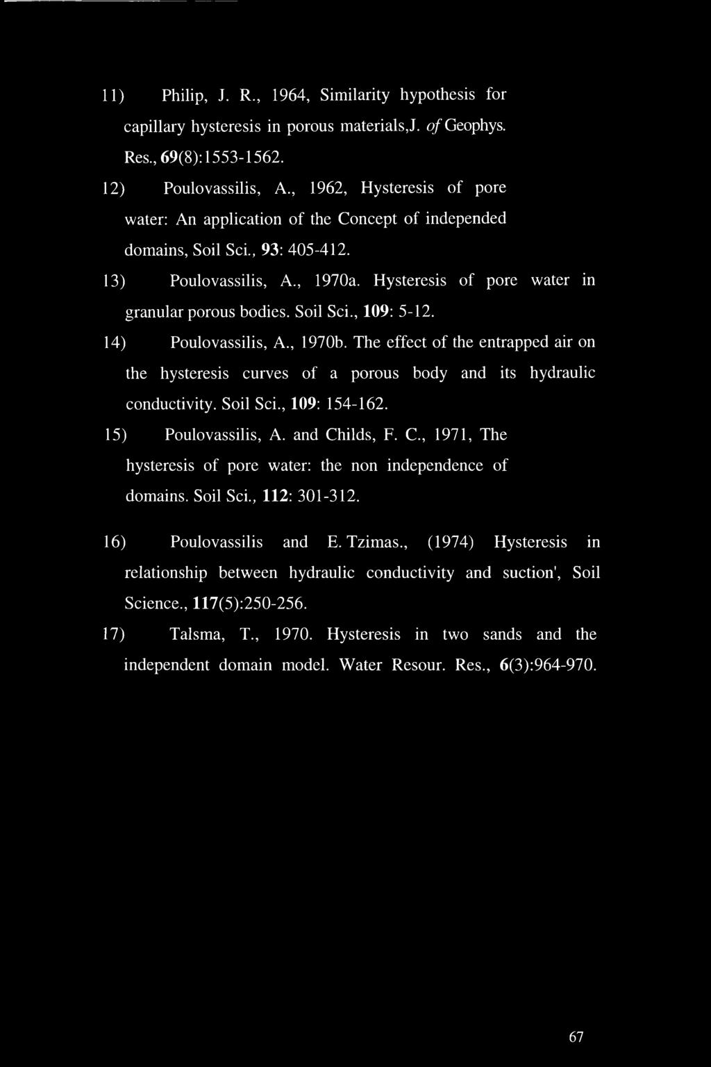 Soil Sci., 109: 5-12. 14) Poulovassilis, A., 1970b. The effect of the entrapped air on the hysteresis curves of a porous body and its hydraulic conductivity. Soil Sci., 109: 154-162.