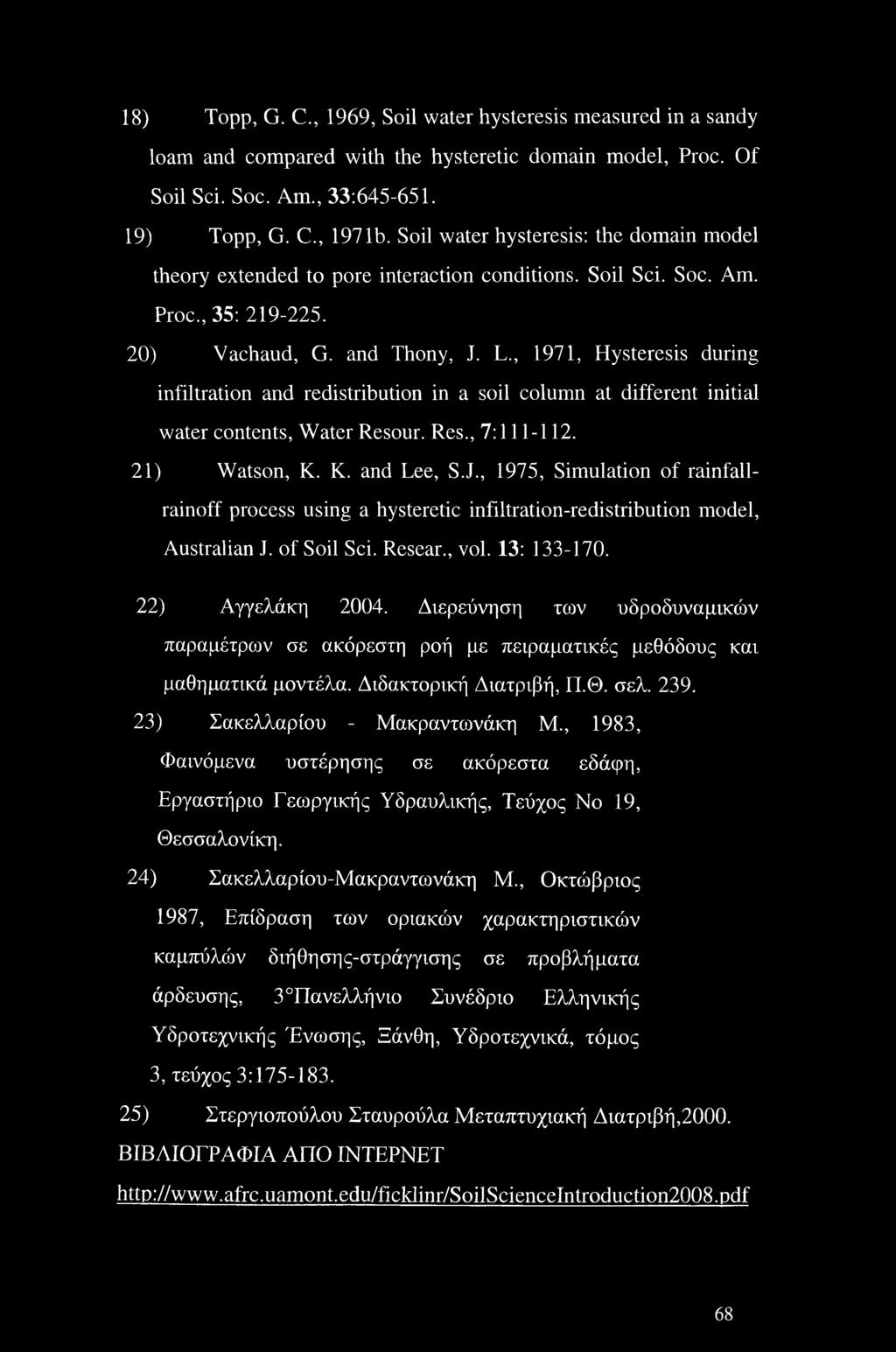 , 1971, Hysteresis during infiltration and redistribution in a soil column at different initial water contents, Water Resour. Res., 7:111-112. 21) Watson, K. K. and Lee, S.J.