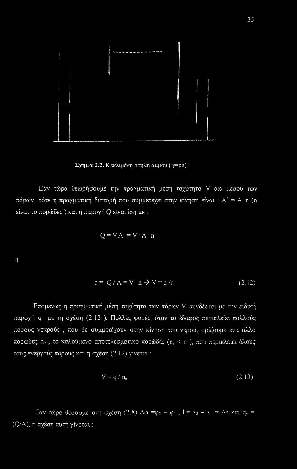 πορώδες ) και η παροχή Q είναι ίση με : Q = VA' = V A η ή q=q/a = Vn->V = q/n (2.12) Επομένως η πραγματική μέση ταχύτητα των πόρων V συνδέεται με την ειδική παροχή q με τη σχέση (2.12 ).