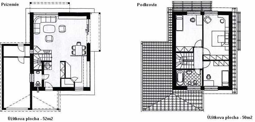 Obytná plocha domu: 74,0 m² Zastavaná plocha: 65,0 m² (s garážou a skladom 95,0 m²) Obstavaný priestor: 328,0 m³ Výška hrebeňa strechy od +,- 0,00: 6,5 m [29]. obr.