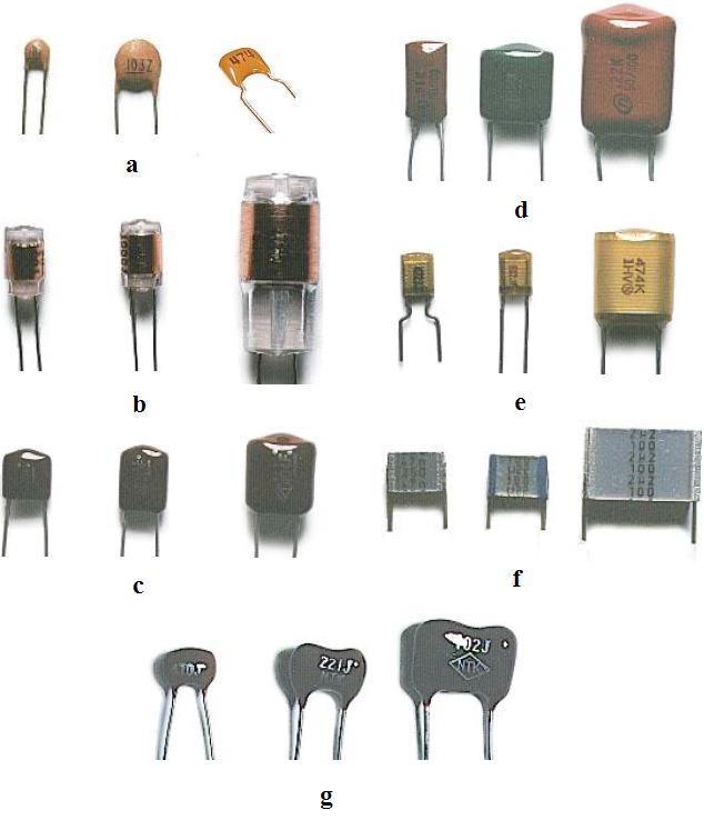 Fig. 6. Condensatoare fixe: a. Ceramice; b. Stiroflex; c. Cu polipropilenă metalizată; d,e. Poliester; f. Multistrat; g.