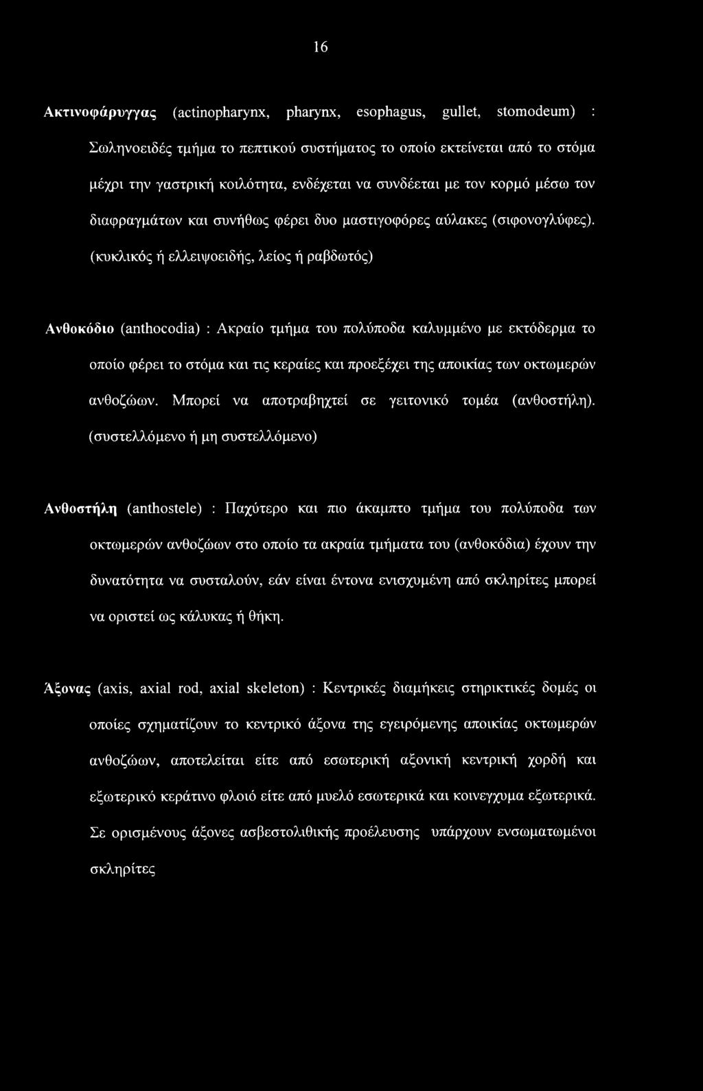(κυκλικός ή ελλειψοειδής, λείος ή ραβδωτός) Ανθοκόδιο (anthocodia) : Ακραίο τμήμα του πολύποδα καλυμμένο με εκτόδερμα το οποίο φέρει το στόμα και τις κεραίες και προεξέχει της αποικίας των οκτωμερών