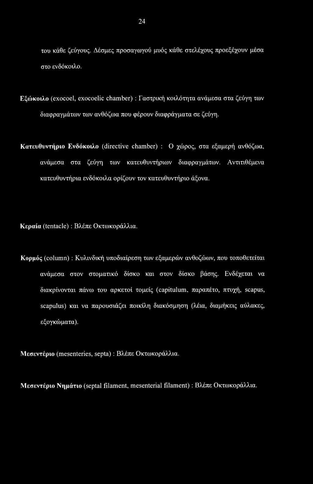 Κατευθυντήριο Ενδόκοιλο (directive chamber) : Ο χώρος, στα εξαμερή ανθόζωα, ανάμεσα στα ζεύγη των κατευθυντήριων διαφραγμάτων. Αντιτιθέμενα κατευθυντήρια ενδόκοιλα ορίζουν τον κατευθυντήριο άξονα.