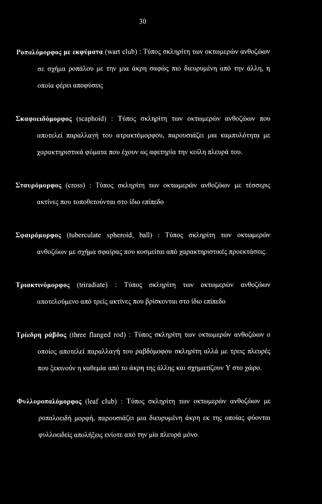 Σταυρόμορφος (cross) : Τύπος σκληρίτη των οκτωμερών ανθοζώων με τέσσερις ακτίνες που τοποθετούνται στο ίδιο επίπεδο Σφαιρόμορφος (tuberculate spheroid, ball) : Τύπος σκληρίτη των οκτωμερών ανθοζώων