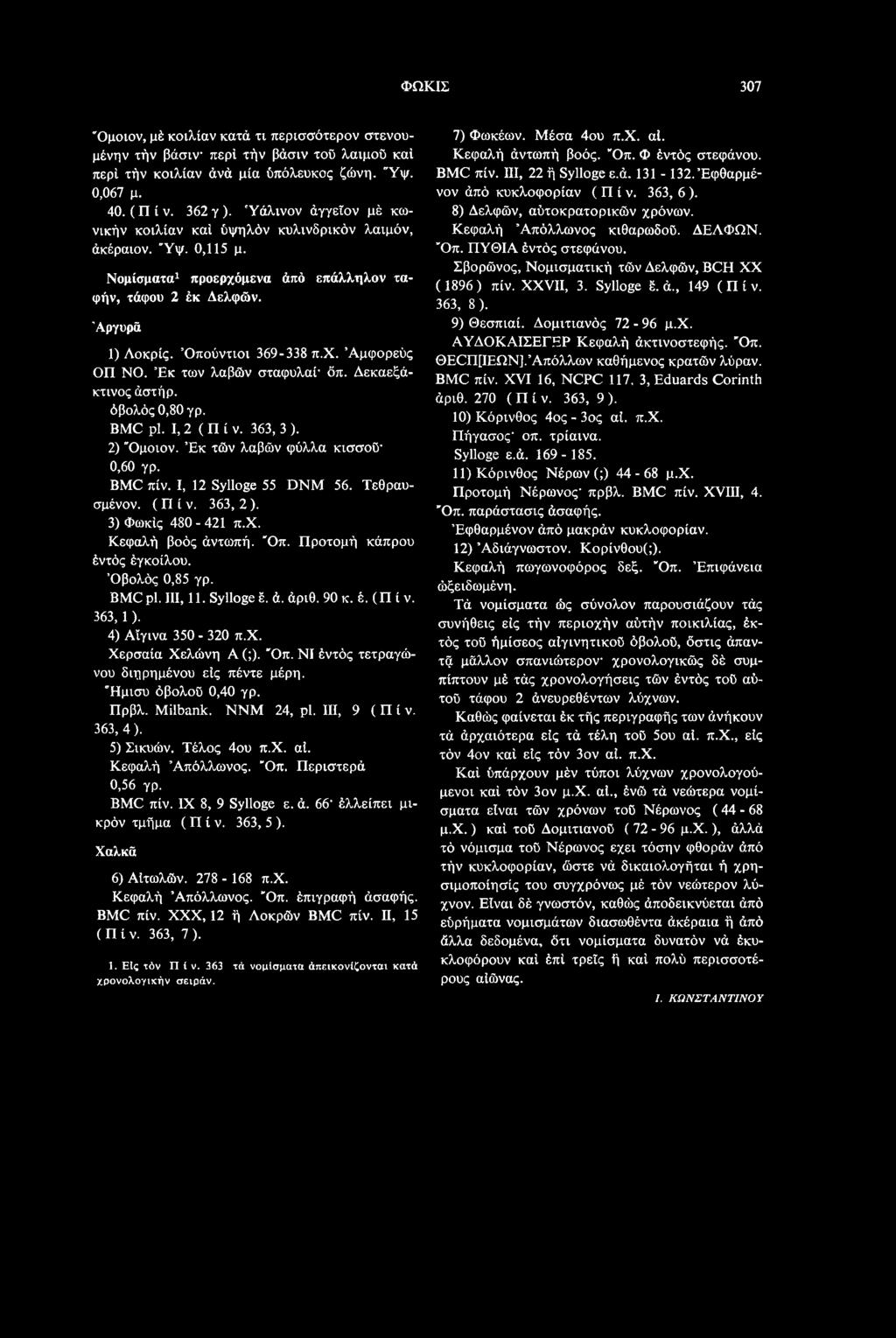 Όπ. ΝΙ έντός τετραγώνου διηρημένου είς πέντε μέρη. Ήμισυ όβολοΰ 0,40 γρ. Πρβλ. Milbank. ΝΝΜ 24, pi. III, 9 (Πίν. 363,4). 5) Σικυών. Τέλος 4ου π.χ. αί. Κεφαλή Απόλλωνος. Όπ. Περιστερά 0. 56 γρ.