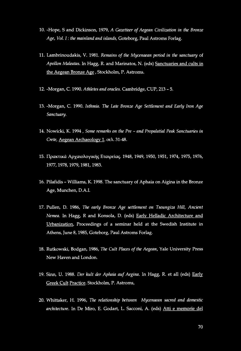Athletes and oracles. Cambridge, CUP, 213-5. 13. -Morgan, C. 1990. Isthmia. The Late Bronze Age Settlement and Early Iron Age Sanctuary. 14. Nowicki, K.