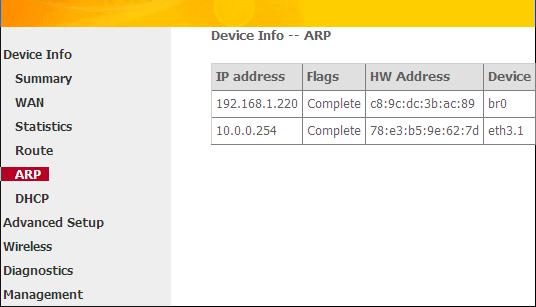 ARP Εδώ μπορείτε να δείτε τις διευθύνσεις IP και MAC των PC που είναι συνδεδεμένα στη συσκευή ενσύρματα ή ασύρματα, όπως φαίνεται στην παρακάτω εικόνα: