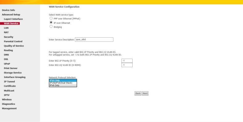 1. Επιλέξτε IPoE. 2. Επεξεργαστείτε την επιλογή Enter Service Description (Πληκτρολογήστε όνομα υπηρεσίας). Αυτό το πεδίο είναι προαιρετικό. Σας συνιστούμε να το αφήσετε ως έχει. 3.