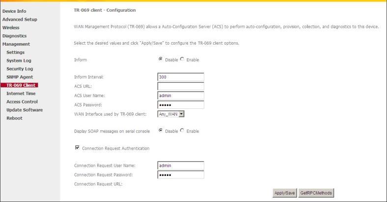4.5.5 TR-069 Client Το πρωτόκολλο διαχείρισης WAN (TR-069) επιτρέπει την αυτόματη ρύθμιση και τη συλλογή στοιχείων και διαγνωστικών για αυτή τη συσκευή μέσω Auto-Configuration Server (ACS).