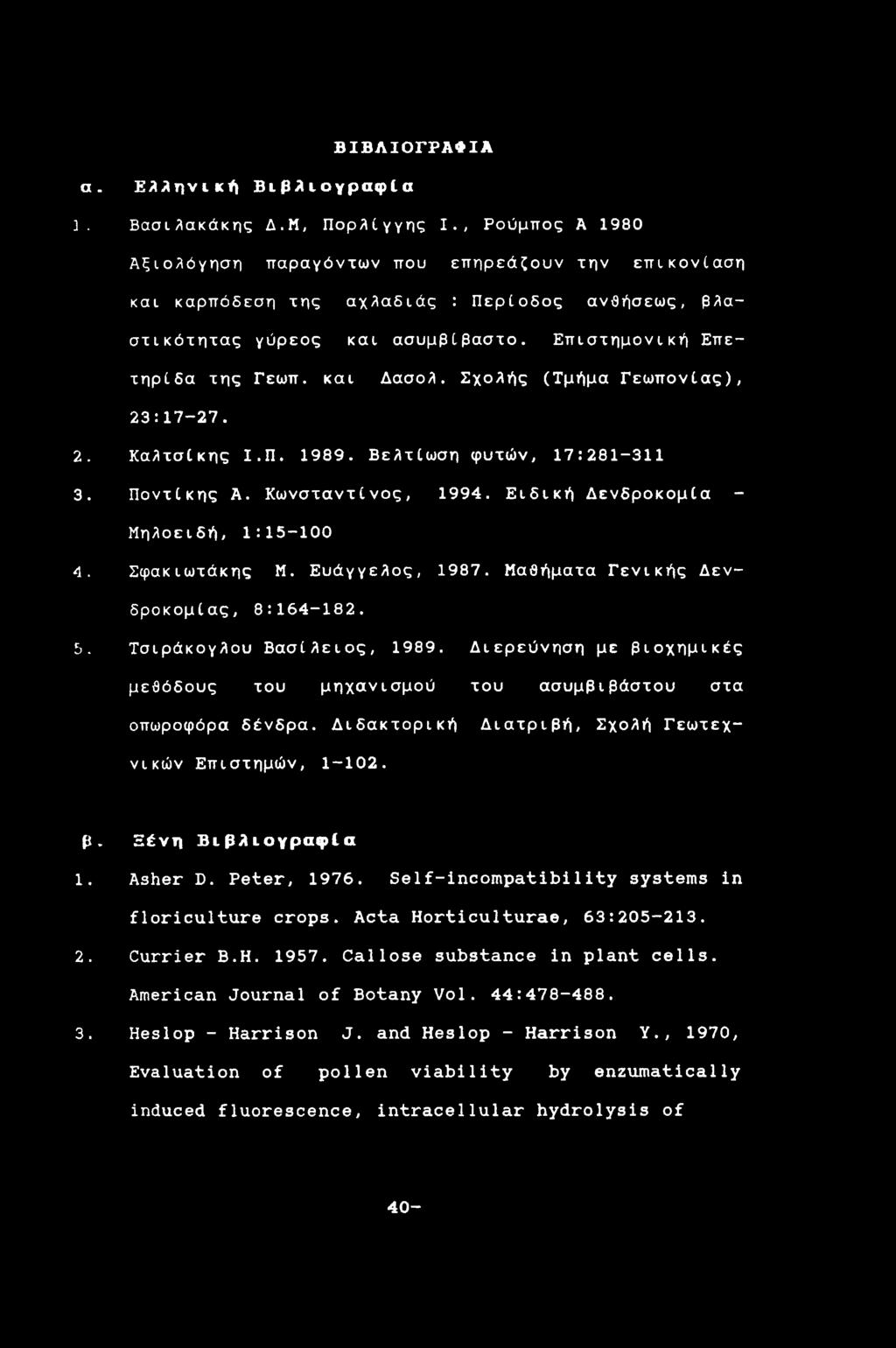 Σχολής (Τμήμα Γεωπονίας), 23:17-27. 2. Καλτσίκης Ι.Π. 1989. Βελτίωση φυτών, 17:281-311 3. Ποντίκης Α. Κωνσταντίνος, 1994. Ειδική Δενδροκομία - Μηλοειδή, 1:15-100 4. Σφακιωτάκης Μ. Ευάγγελος, 1987.